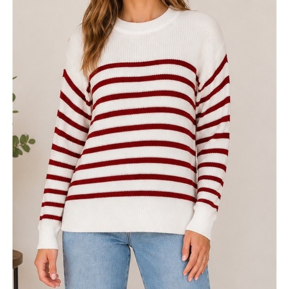 Velvet Heart Los Angeles Womens Red White Striped Knit Crewneck Sweater Size S